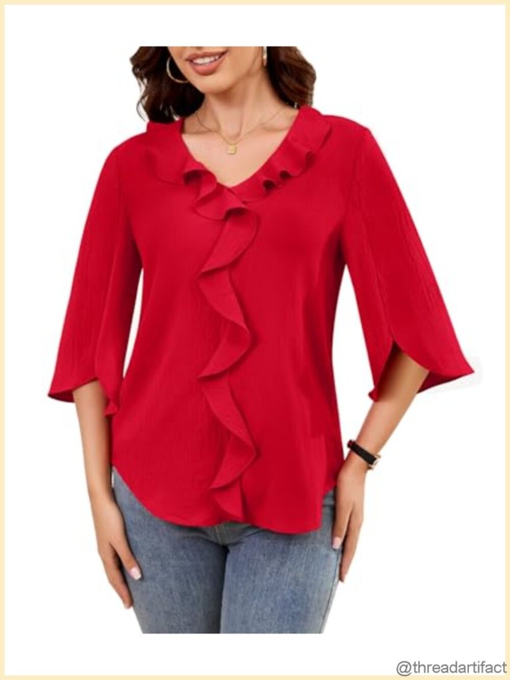 Women's Dressy Casual Ruffle V Neck Blouse 3/4 Sleeve Top